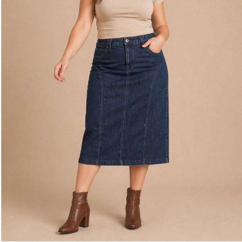 Classic Western Denim Skirt 14 Dark Wash Straight Midi Plus Size